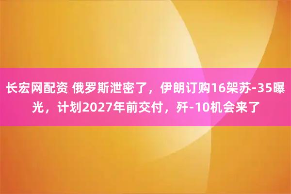 长宏网配资 俄罗斯泄密了，伊朗订购16架苏-35曝光，计划2027年前交付，歼-10机会来了